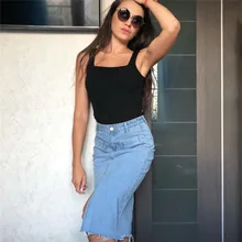 Новая женская Повседневная прямая Джинсовая юбка миди весна лето с карманом разрезом Высокая талия до середины икры Femininas