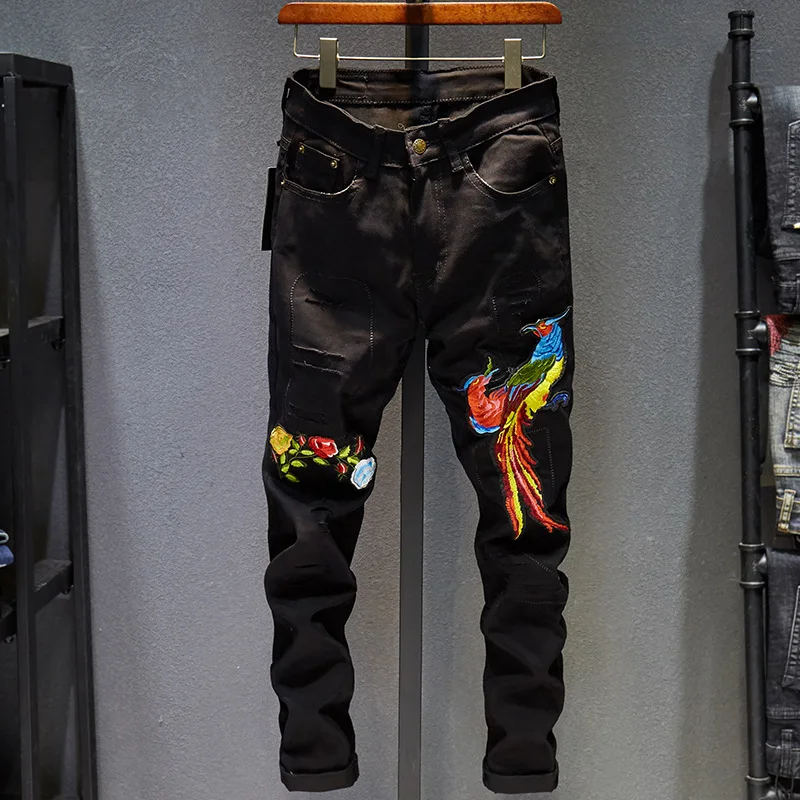 

2D European and American new style embroidered tattered jeans men's foreign trade original patchwork slim trousers stylish pants