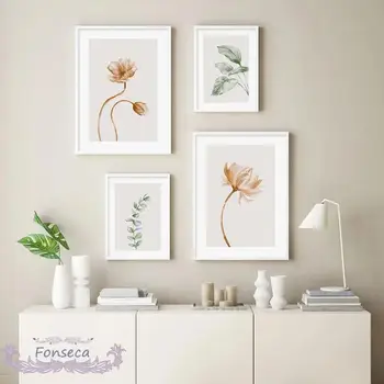 

Bohemian Minimalist Style Poster Beige Blooming Flora Green Plant Leaf Canvas Painting Wall Art Print Pictures Living Room Decor