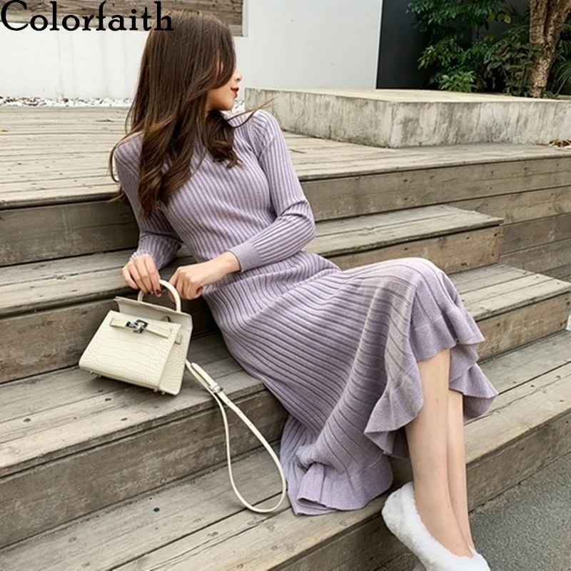 Colorfaith, новинка, весна-зима, женские платья, вязанное, ампир, длинное, элегантное, труба, одноцветное, Русалка, уплотненное платье, DR6730