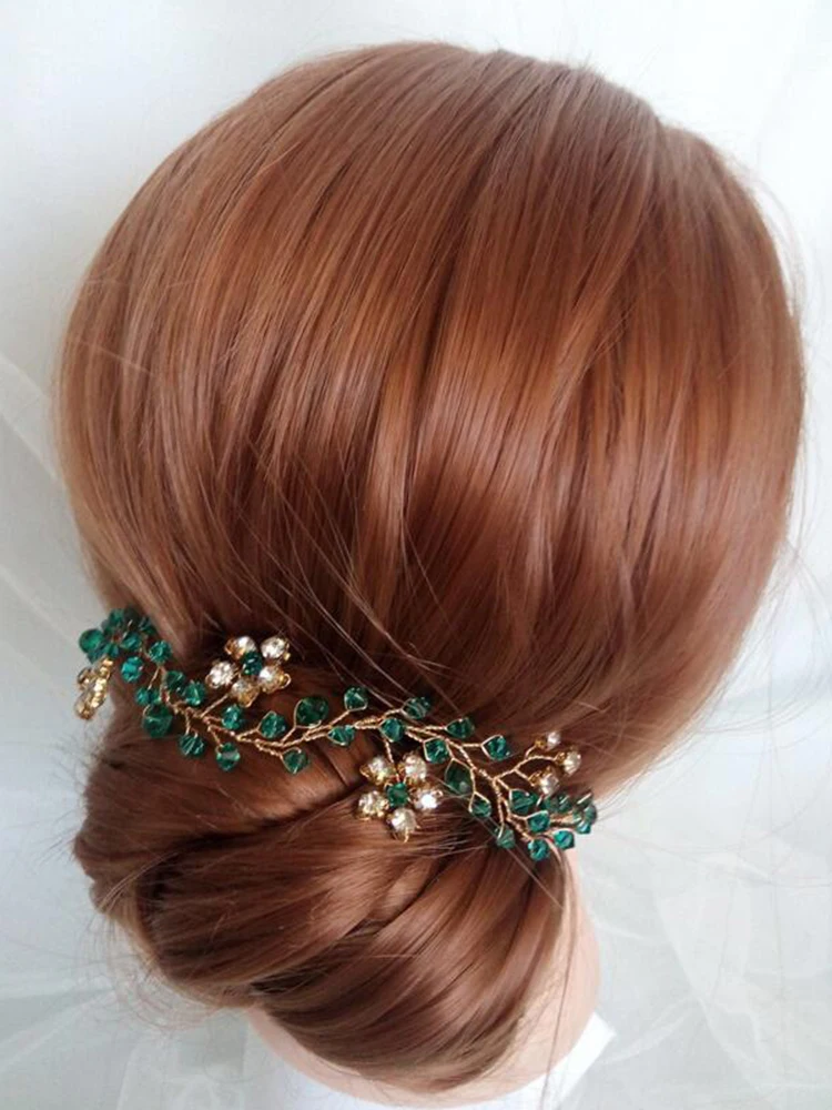 Golden Floral Hair Jewelry Ethnic Green Crystal Hair Accessories Shiny Rhinestone Headbands Wedding Bridal Fascinators