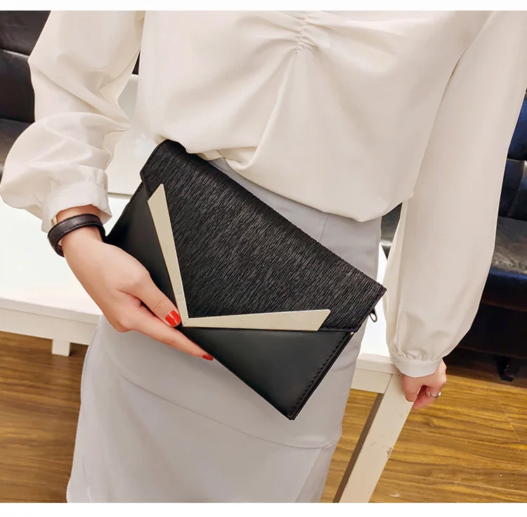 Ladies Luxury PU leather Envelope Clutch Bag Fashion Designer Women Wedding Party Shoulder Bag Simple Black Handbag Purse Silver (11)