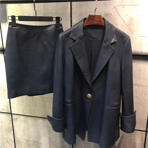 Navy set Фабричная куртка из натуральной кожи, женский дизайн, костюм, юбка, комплект, женский воротник, овчина, мотоциклетная куртка - Цвет: Navy set