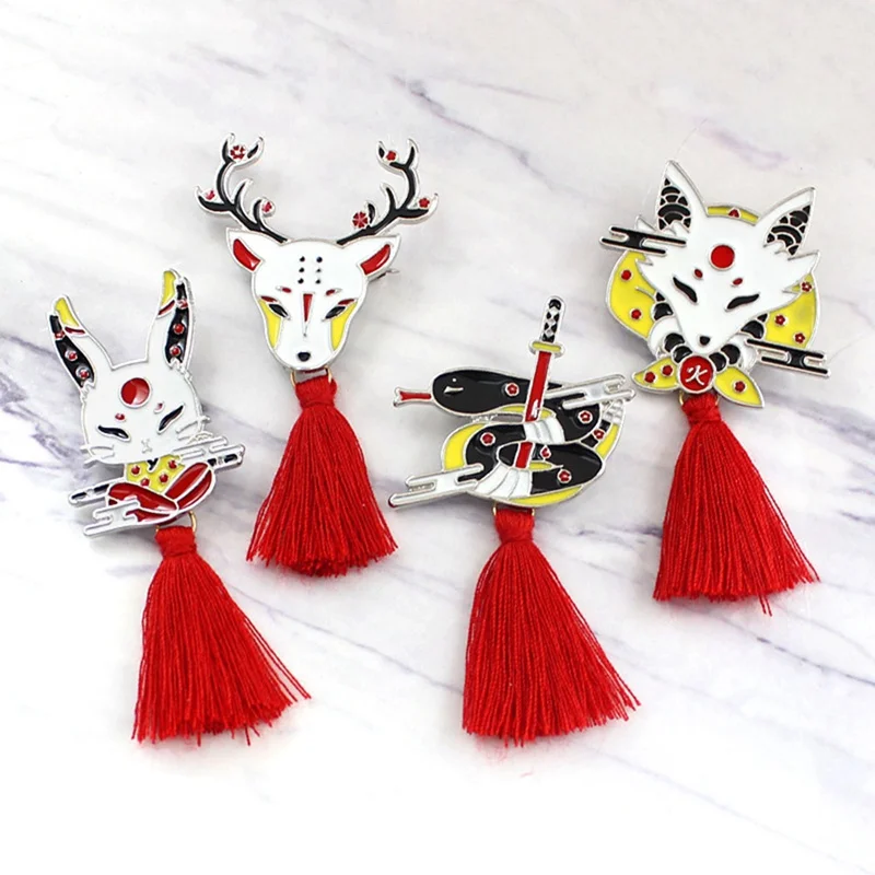 Vintage Animal Alloy Tassel Brooch Japanese Ninja Rabbit Fire Fox Snake Kendo Sika Deer Enamel Pin Backpack Badge Friends Gifts