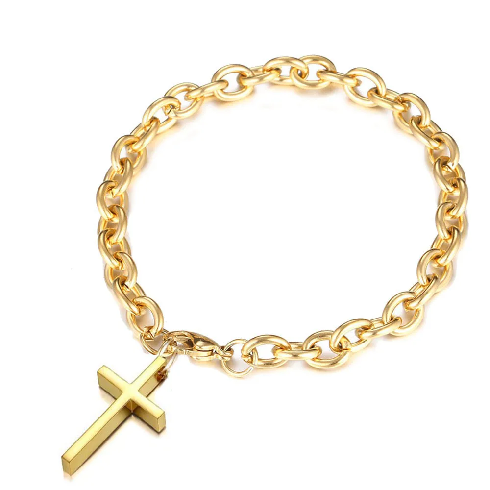 Новинка 316L пластина из нержавеющей стали христианский крест браслеты для женщин и мужчин золото серебро цвет цепи католический браслет - Окраска металла: Золотой цвет