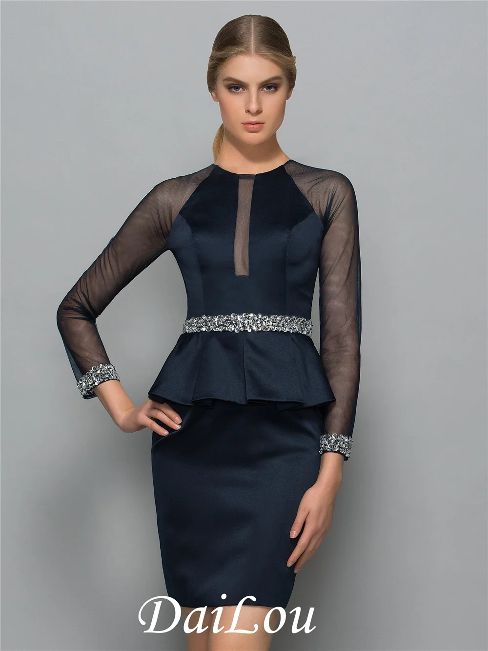 

Jewel Neck Sheath/Column Beading Button Long Sleeves Zipper-Up Ruffles Short Cocktail Dress With Satin 2022