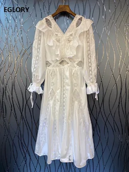 

High Quality New Runway Dress 2020 Autumn Style Women V-Neck Hollow Out Embroidery Long Sleeve Mid-Calf Sexy Party Cotton Dress