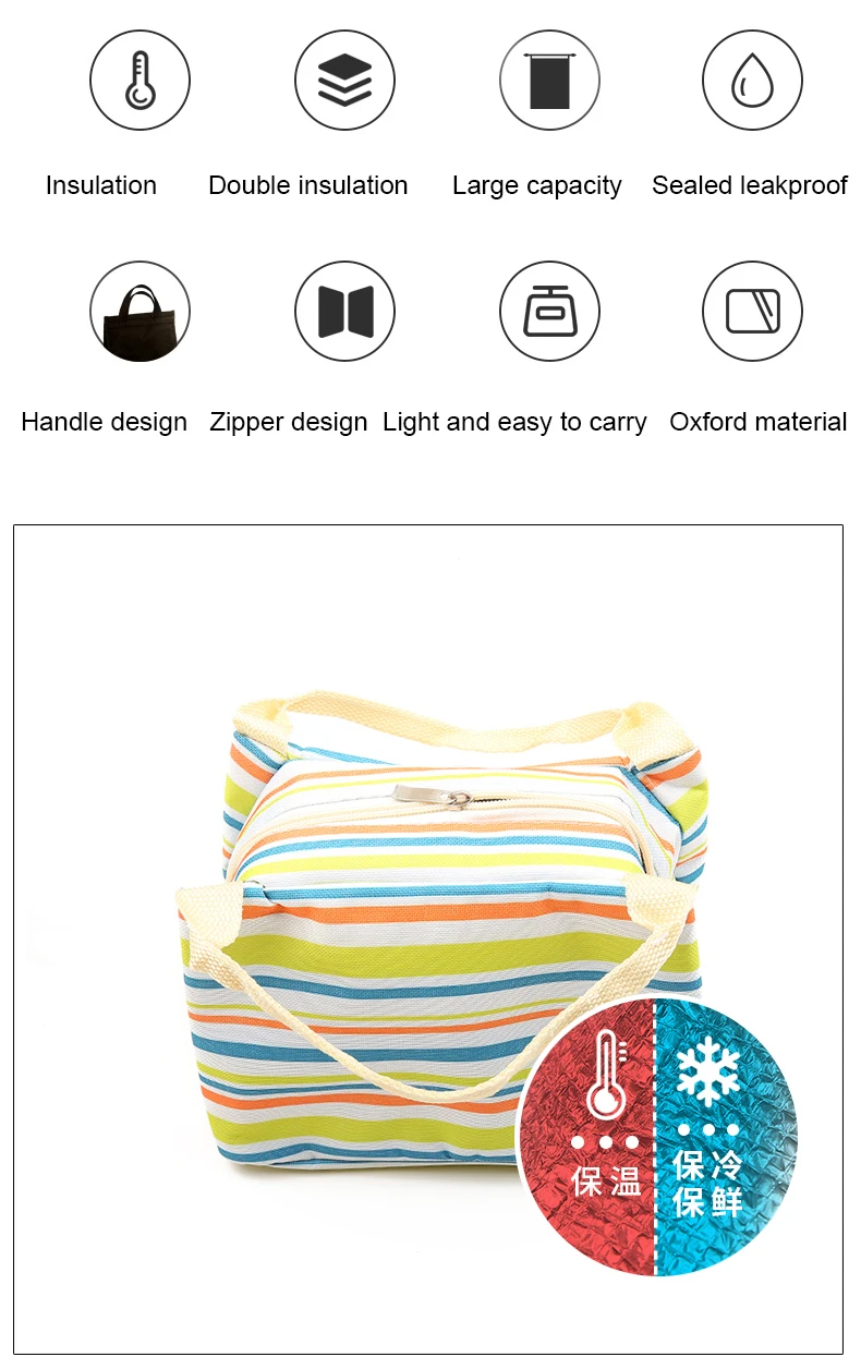 wholesale Insulated Lunch Bag Children Thermal Stripe Tote Bags Cooler Picnic Food Lunch box bag for Kids Man Ladies outside