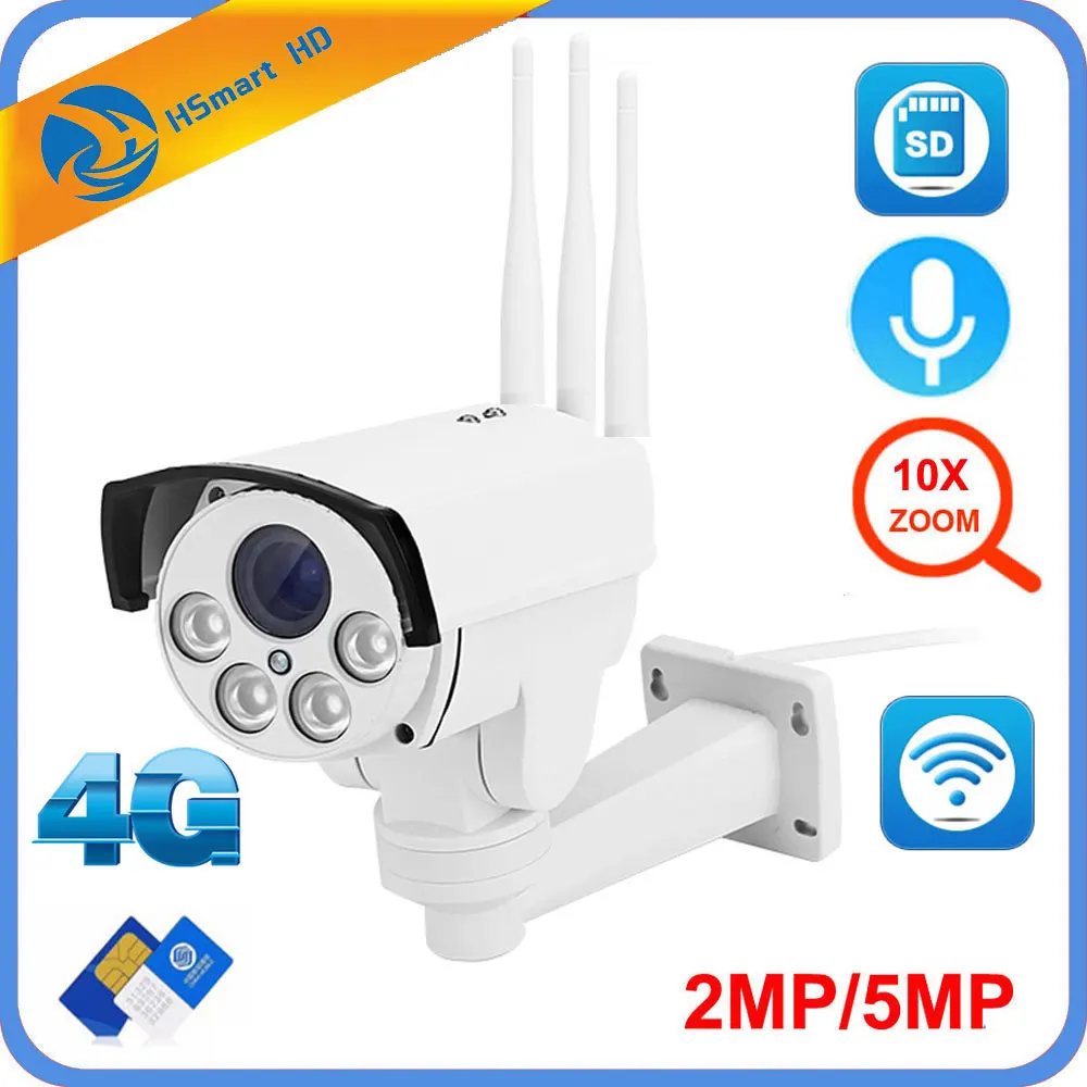 5MP 4G 3G SIM Card Camera Wifi Outdoor PTZ HD 1080P Bullet Camera Wireless IR 60M 10X Zoom Auto Focus CCTV Wifi IP Camera Audio