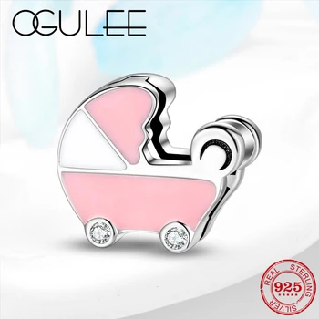 

Hot 925 Sterling Silver Pink Enamel Baby Cart Beads Clip Fit Reflection Charms Silver Original Bracelets Women Jewelry Making