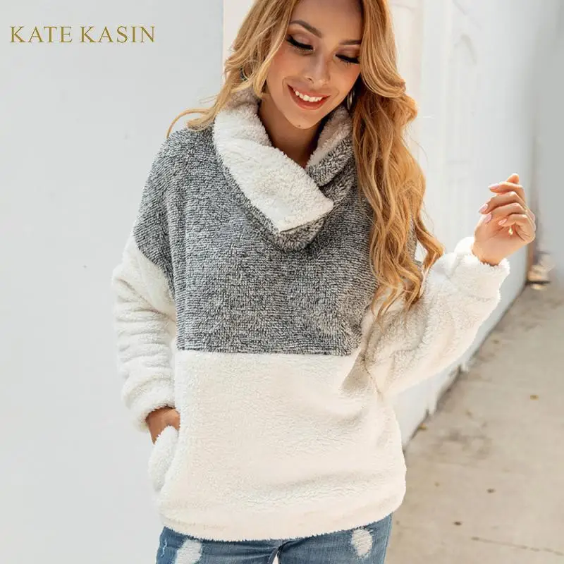 Kate Kasin/осенне-зимний Пушистый Плюшевый пуловер с длинным рукавом для женщин, Повседневный свитер с карманом, пуловер с ягненком