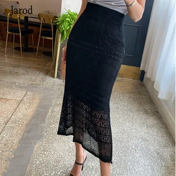 

Korea 2020 New fashion Summer Elegant Ladies Knitting Long Slim Skirts Women Hollow Out Elastic High Waist Midi Skirt