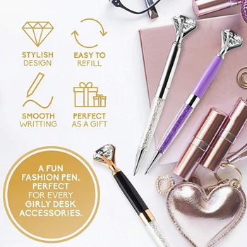 

6x Fancy Crystal Diamond Ballpoint Pens 6x Black Ink Refills 6x Cute Gift Bag Big Bling Writing Pen Rose Gold Silver Bulk Se