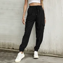 

Spring Autumn Fashion Black Drawstring Pocket Commute Trousers Solid Colors Casual Women Pencil Pants All-Match Straight Pants