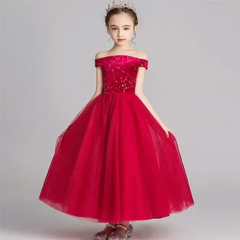 

Children Little Girls Elegant Shoulderless Wine-red Birthday Wedding Party Princess Mesh Dress Baby Host Piano Long Dress Wear