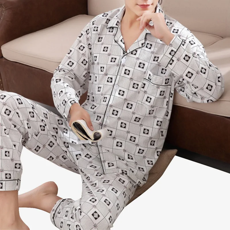 Мужской пижамный комплект из 2 предметов, летняя тонкая трикотажная ночная рубашка, мужской сексуальный мягкий кардиган на пуговицах с длинным рукавом, клетчатый пижамный комплект, одежда для сна