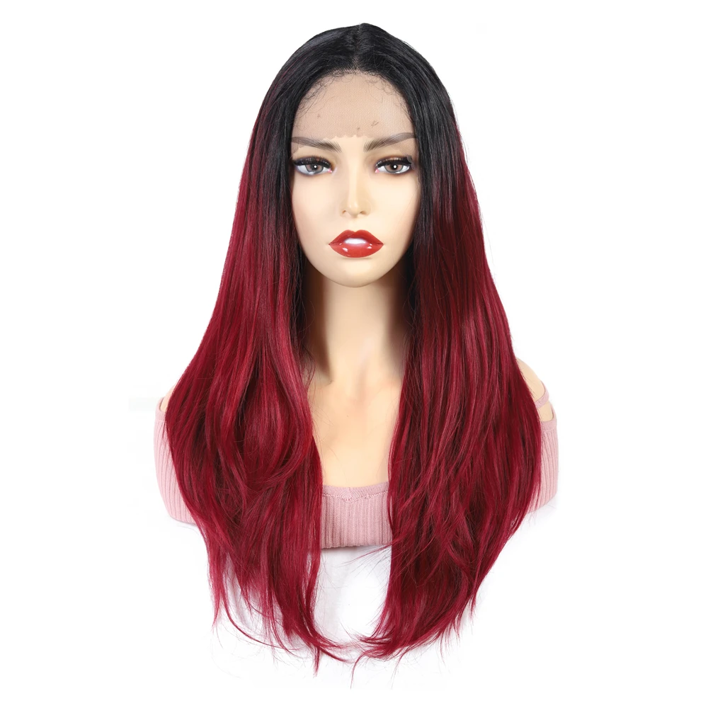 X TRESS Natural Straight Wigs Synthetic Front Lace Wig Wine Red False