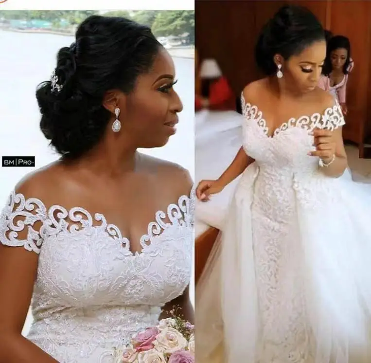 『Cheap!!!』- Sexy African Nigerian Mermaid Wedding Dresses With
Detachable Train Full Lace Applique Sheer Off The Shoulder Short Sleeve