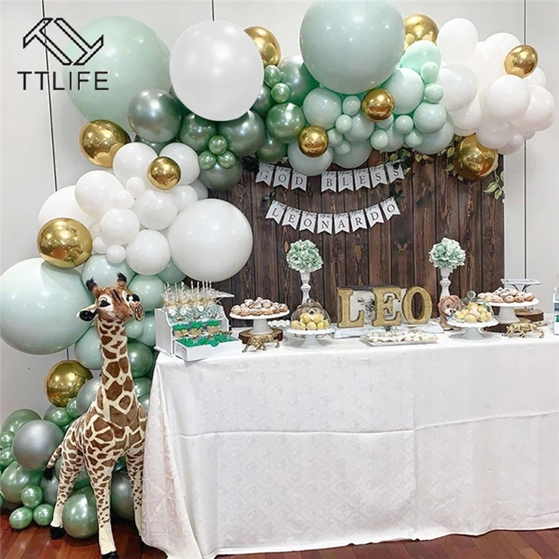 

107pcs Latex Balloons Jungle Party Balloon Chain Macaron Green White Garland Metal Gold Balloon Birthday Party Wedding Decor