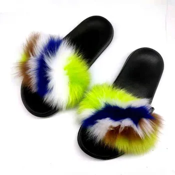 

Summer Woman Leather Fox Fur Slippers Home Sandals Fluffy Long Hair Indoor Slides EVA Flat Flip Flops Leisure Shoes
