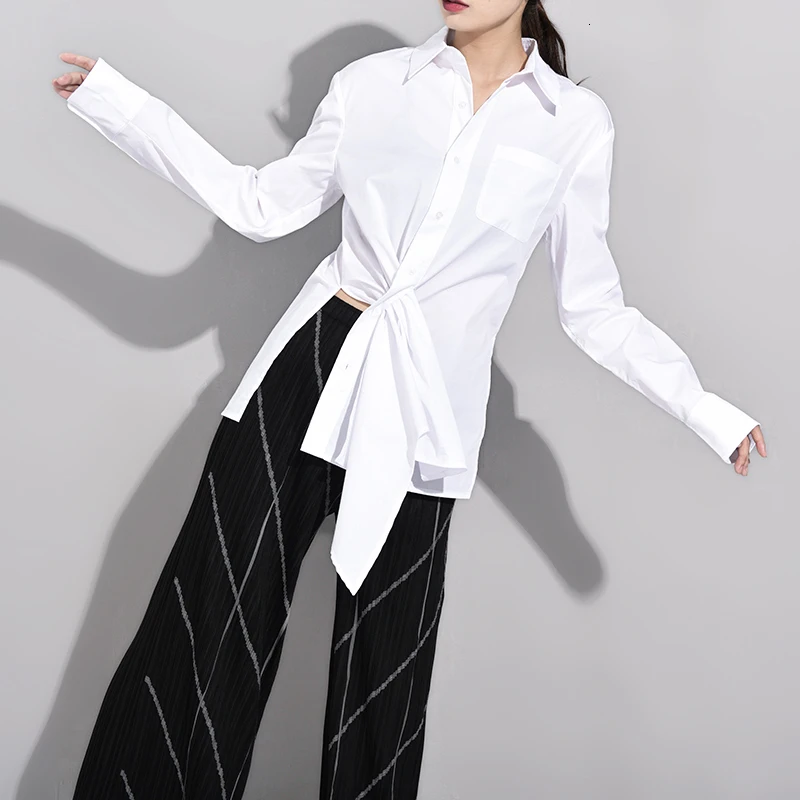 [EAM] Женская белая Асимметричная блузка с разрезом, новая свободная рубашка с отворотом и длинным рукавом, модная весенняя Осенняя 1A1920