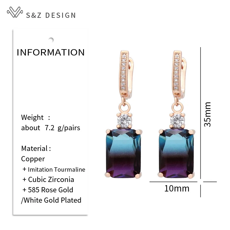 S&Z DESIGN New Fashion Rose Gold Color Cubic Zirconia Square Tourmaline Dangle Earrings For Women Wedding Fine Elegant Jewelry