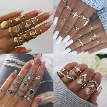 

GTQ Gold Heart Midi Ring Sets For Women New Anillos Vintage Leaf Flower Crystal Opal Knuckle Rings Female Bohemian Jewelry