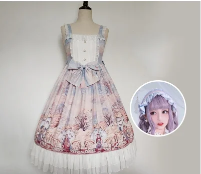 dress-headwear Вечерние платья принцессы в стиле милой Лолиты; винтажное кружевное платье с бантом и высокой талией в викторианском стиле; kawaii; Готическая Лолита; jsk cos - Цвет: dress-headwear