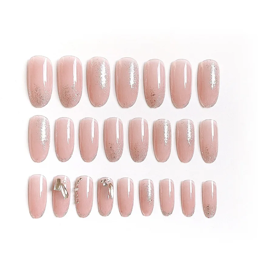 Pink Nude Silver French Round Presson False Nails Oval Glossy Full Cover Nail Long Glitter Fake Nails Acrylic for Wedding Party