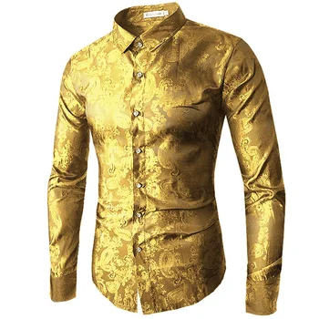 

Men Shirts Long Sleeve Embroidery Dress Shirt 2019 spring autumn Fashion Red Gold Purple Blue Slim Wedding Party Tops