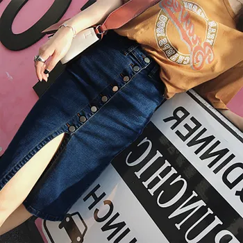 

Denim Pencil Skirts Women Slim Streetwear Summer Skirt with Slits Button Stylish Skirts saia jeans com botoes na frente #33