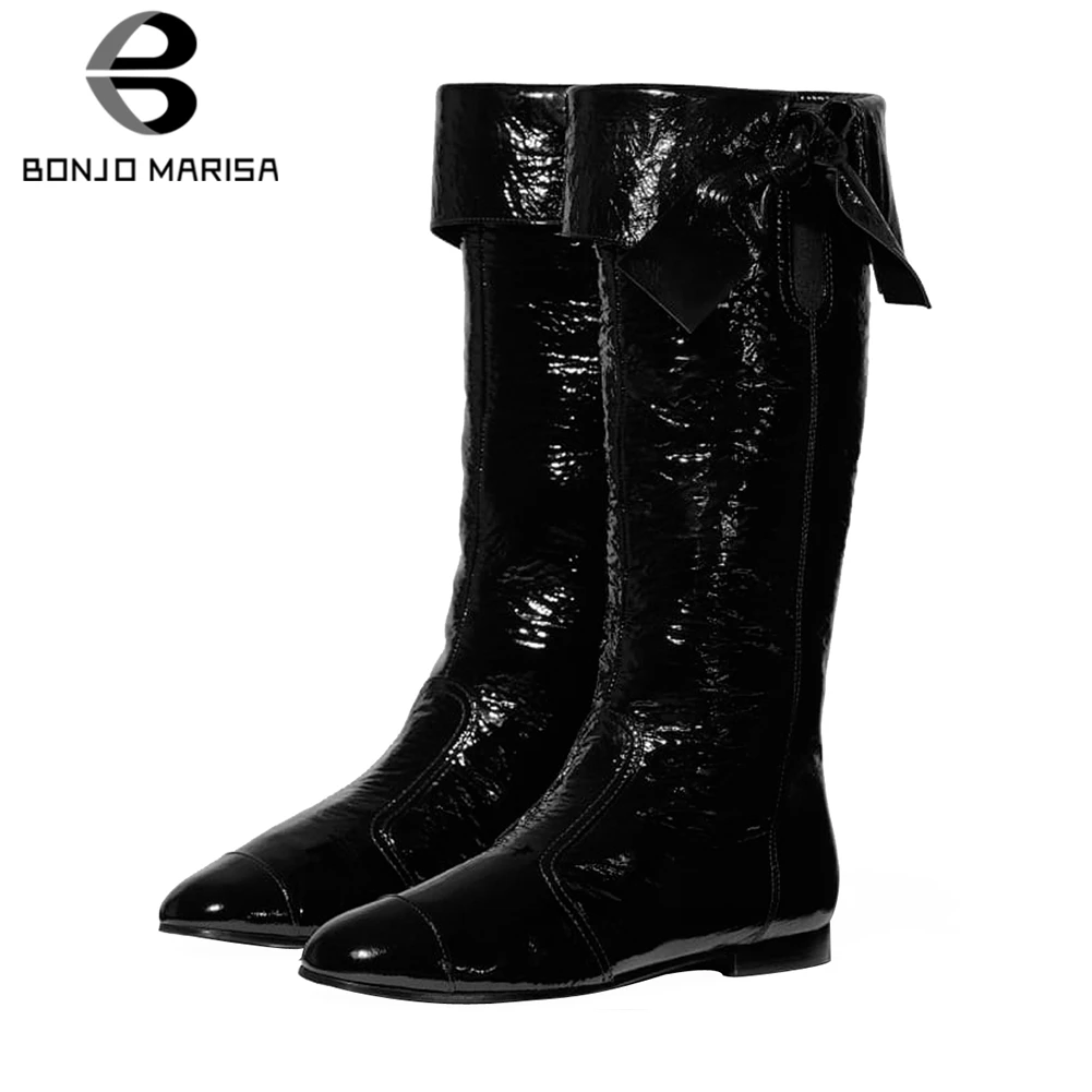 

BONJOMARISA New Brand Designer Plus Size 35-44 mid-calf Boots Women 2019 slip-on Concise Black Boots Casual Flat Shoes Woman