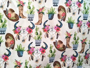 

cowboy Bull head Flower cactus Cotton Fabric DIY Tissue Patchwork Printed Sewing girl Toy Quilting 110*100cm