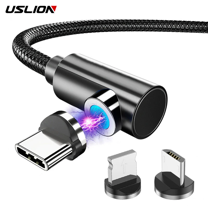 Магнитный зарядный кабель USLION 2 м для iPhone 11 Type-C L 90 градусов Micro USB быстрой зарядки