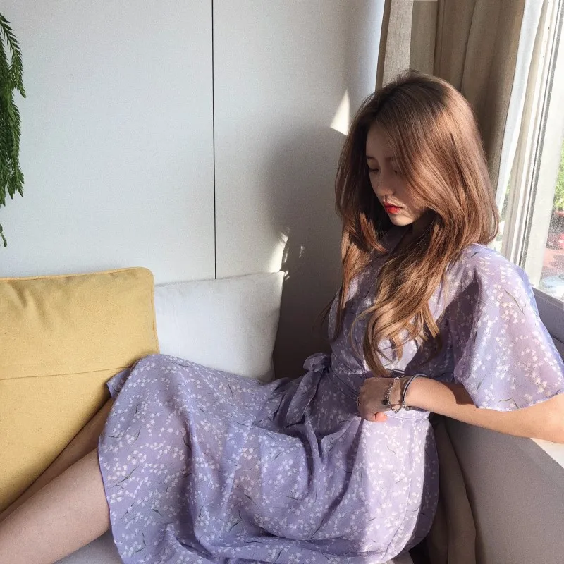 Plus Size New Summer Dress Girls Boho Party Chiffon Female Vintage Dresses Purple Print Short Sleeve Women Dresses Robe Vestido