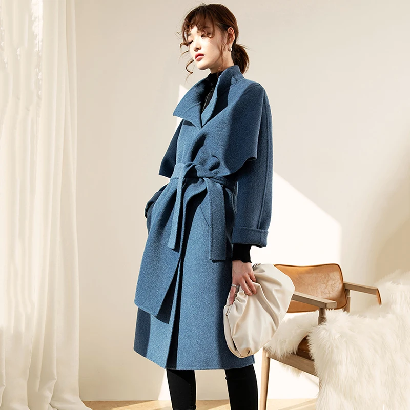 [EAM] свободное синее пальто большого размера с шарфом, шерстяное пальто, парка, новинка, длинный рукав, женская мода, Осень-зима, 1M485