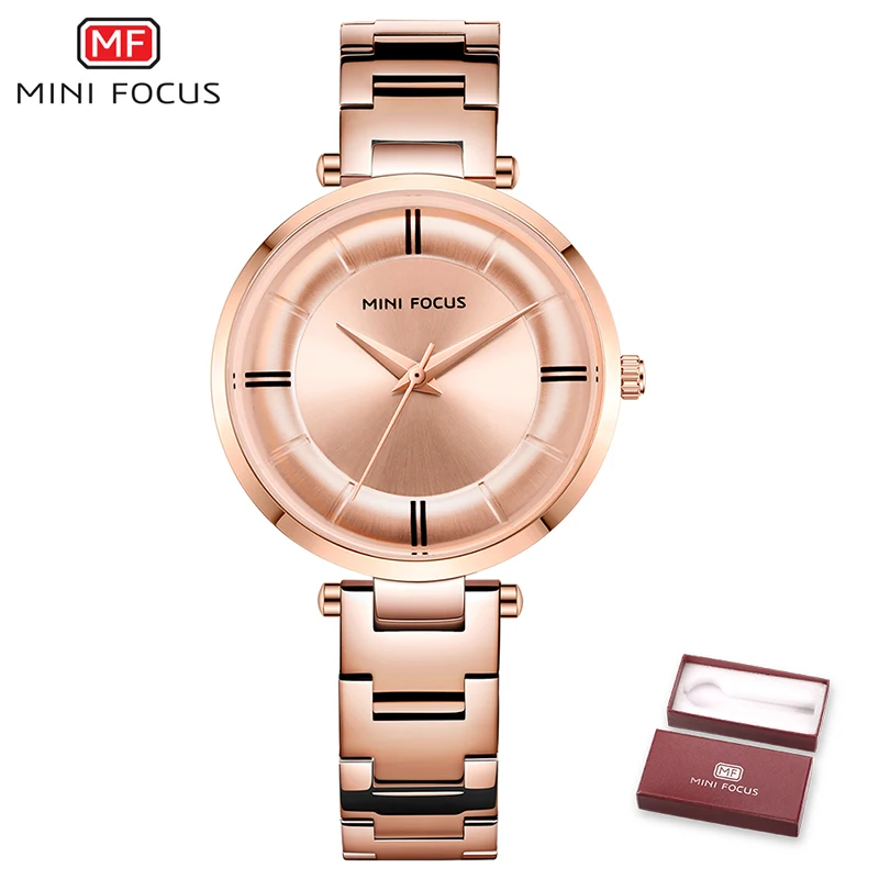 Rose Gold MINIFOCUS модные женские часы синий ремешок из нержавеющей стали водонепроницаемые кварцевые женские часы подарок для жены Relogio Feminino - Цвет: Rose Gold