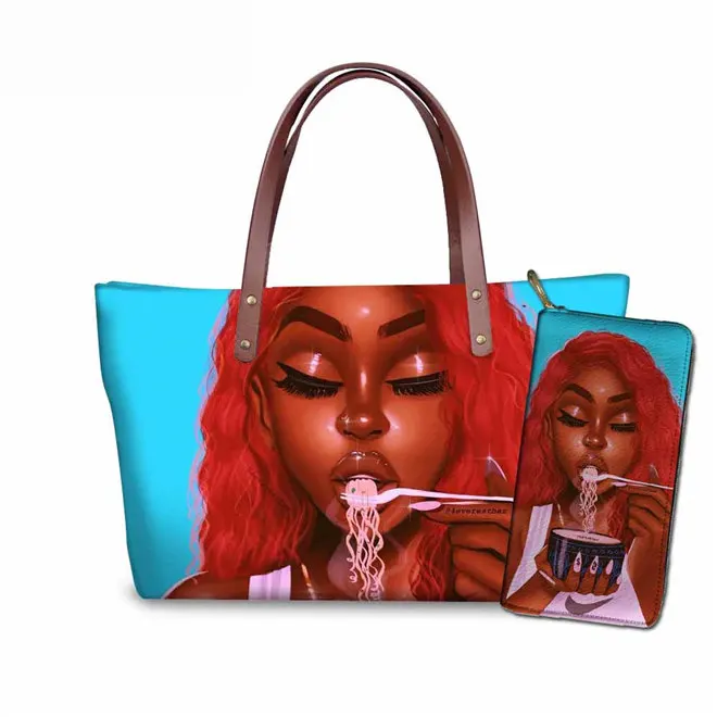 FORUDESIGNS/женские сумки для пляжа, черные, художественные, африканские, для девочек, с принтом, 2 шт., сумочки, набор, Дамский Роскошный кошелек и сумочка, Bolsa Feminina - Цвет: YQ4555ALZ21