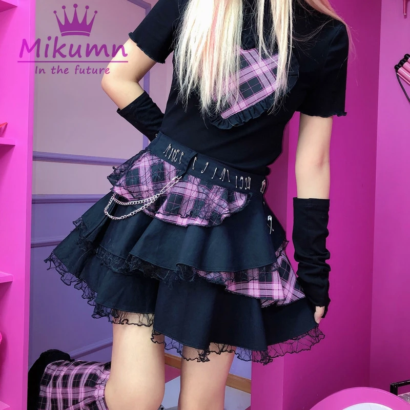 Lolita Pink Ruffle Skirt Knee Sleeve Schoolgirl Cute Harajuku Plaid Gothic Skirt