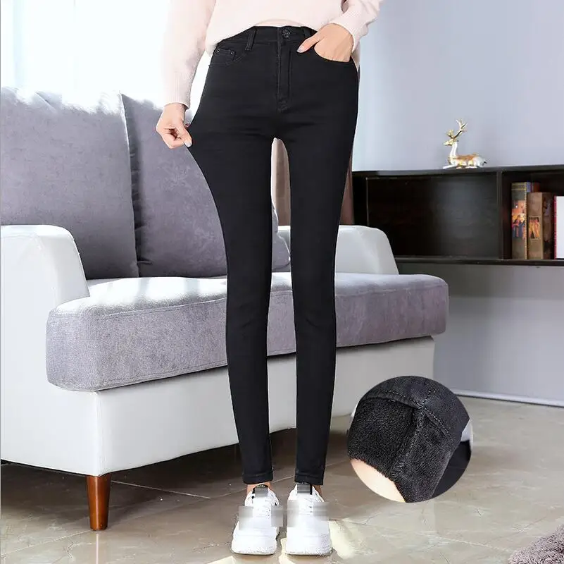 New Skinny Pants women Jeans Winter Thick Velvet slim winter Warm Long Trousers high waist lady Jeans Denim Pencil Pants - Цвет: 209  black black