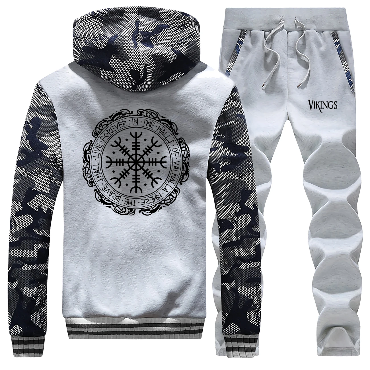 50% OFF Viking Valhalla Print Tracksuit Men Warm Set Thick Camouflage Hoodies Sweatshirt Suit Fashion Winter Jacket+Pants 2 Piece Sets