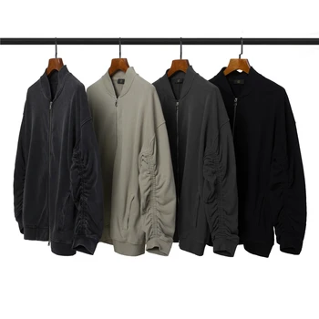 

Black Distressed Bomber jacket Ruched Sleeve Raglan Streetwear