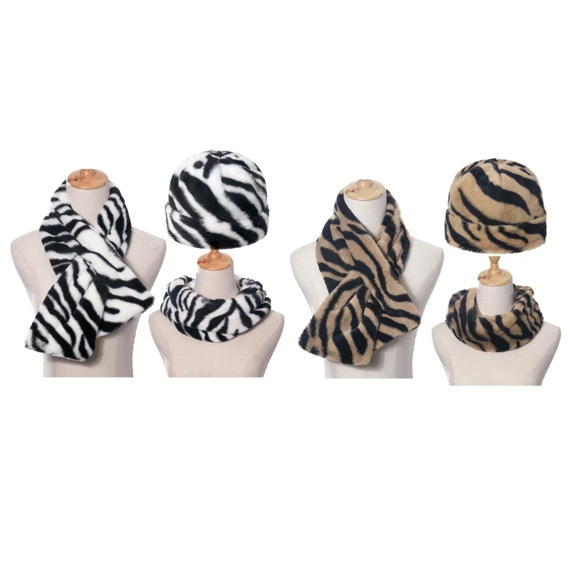 

3Pcs Unisex Zebra Stripes Beanie Hat with Scarf Set Thicken Fuzzy Plush Outdoor Windproof Cuffed Skull Cap Neck Warmer