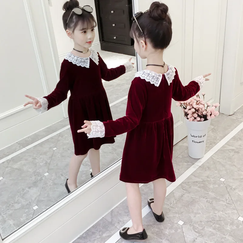 

Childrenswear Autumn Clothing Children Shirt 2019 Autumn Girls Gold Velvet Dress Retro Lace Princess Skirt