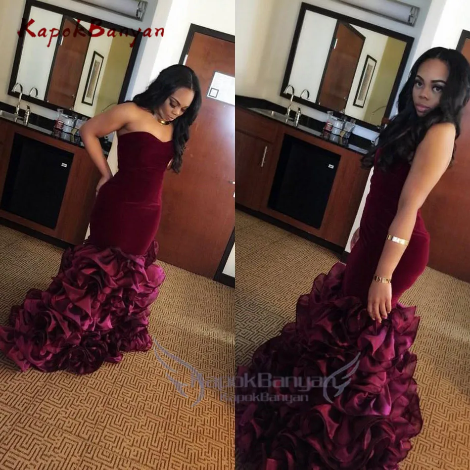 

New Burgundy Long Mermaid Rose Floral Flowers Tiered Sweetheart Velvet Plus Size Formal Party Gowns Evening Dress Vestios