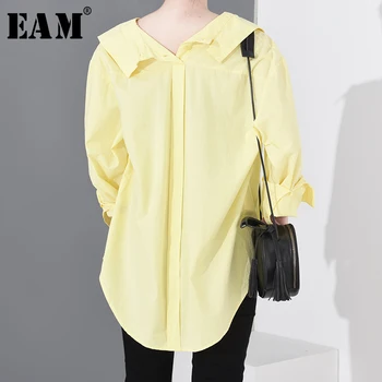 

[EAM] Women Yellow Button Split Big Size Blouse New Lapel Long Sleeve Loose Fit Shirt Fashion Tide Spring Summer 2020 1R23007