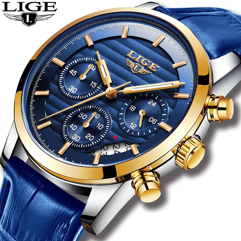 Relojes Hombre 2019 LIGE повседневные Модные кварцевые мужские часы из голубой кожи военные