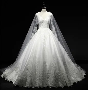 

White Appliques Satin Floor Length Sleeves Cape Shawl Chic Wedding Dress Ball Gowns Custom Made Bridal Exquisite Formal Gown