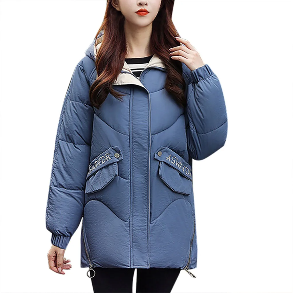Осень-зима распродажа Для женщин пуховик карман пальто с капюшоном из хлопка пуховик Длинные парки, детская верхняя одежда, теплые куртки, пальто, одежда - Цвет: Blue