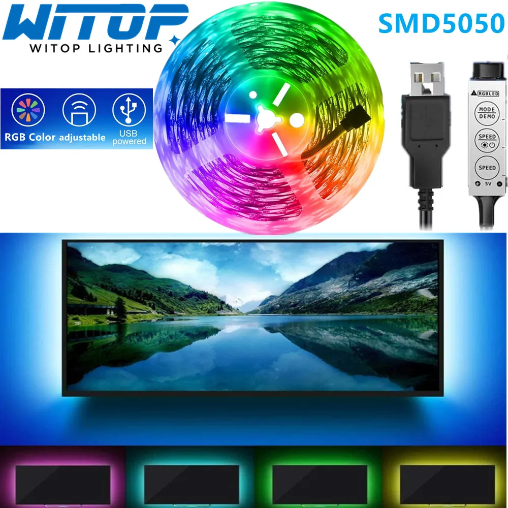 LED Strip Lights RGB 5050 SMD Flexible Ribbon 5M Tape Diode DC5V Desk Screen TV Background Lighting With USB 3 Key Controller | Лампы и